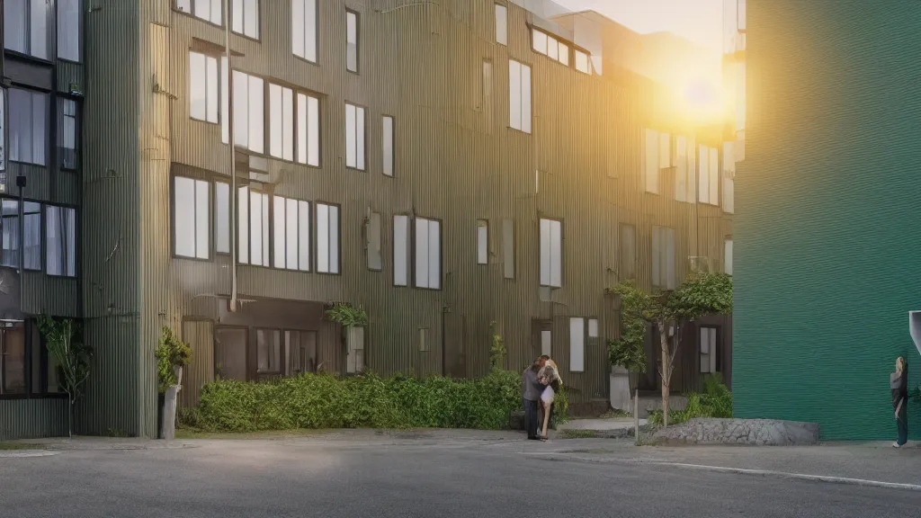 Image similar to a couple, green apartment house, textured walls, quiet street, reykjavik, sunset lighting, rim light, hyper realistic, cinematic frame