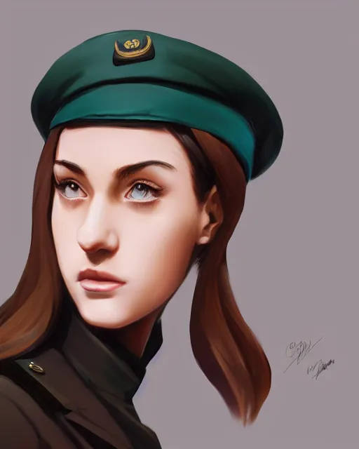 Prompt: portrait bust of young woman with shoulder length light brown hair and hazel eyes dressed in a sharp dark teal military uniform and beret, anime, ilya kuvshinov, greg rutkowski, ross tran, concept art, digital painting