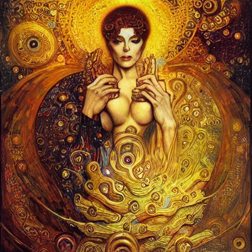 Image similar to Divine Chaos Engine by Karol Bak, Jean Deville, Gustav Klimt, and Vincent Van Gogh, beautiful visionary mystical portrait, sacred, otherworldly, fractal structures, ornate gilded medieval icon, third eye, spirals