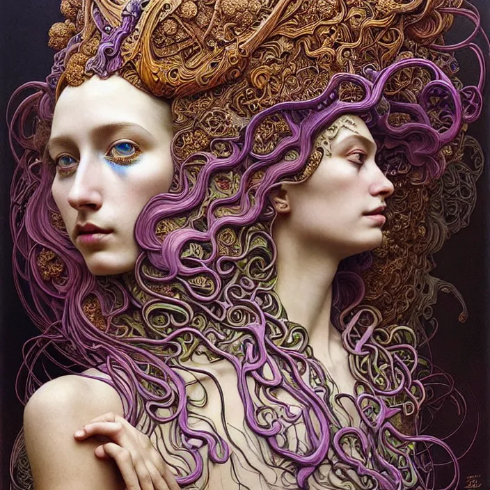 Prompt: detailed realistic beautiful young groovypunk queen of jupiter in full regal attire. face portrait. art nouveau, symbolist, visionary, baroque, giant fractal details. horizontal symmetry by zdzisław beksinski, iris van herpen, zaha hadid and alphonse mucha. highly detailed, hyper - real, beautiful