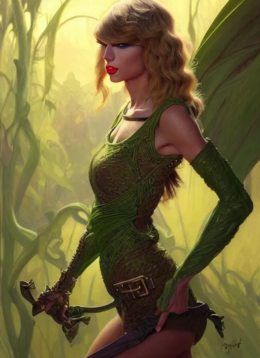 Image similar to portrait of taylor swift as a goblin, d & d, muscular! green, fantasy, intricate, elegant, highly detailed, digital painting, artstation, concept art, smooth, sharp focus, illustration, art by artgerm and greg rutkowski and alphonse mucha
