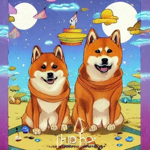 Prompt: expensive birthday card with happy shiba inu dogs singing, Nintendo game art, Hayao Miyazaki, intricate detail, illustration, beautiful lighting,