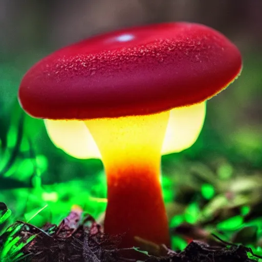 Prompt: a jello textured mushroom growing in the forest, glowing, high detail