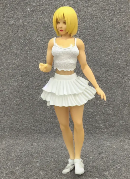 Prompt: Product Introduction Photos, 4K, Full body, 80mm resin detailed miniature of a muscular lady in White and short lacy ruffled skirt, Blonde hair