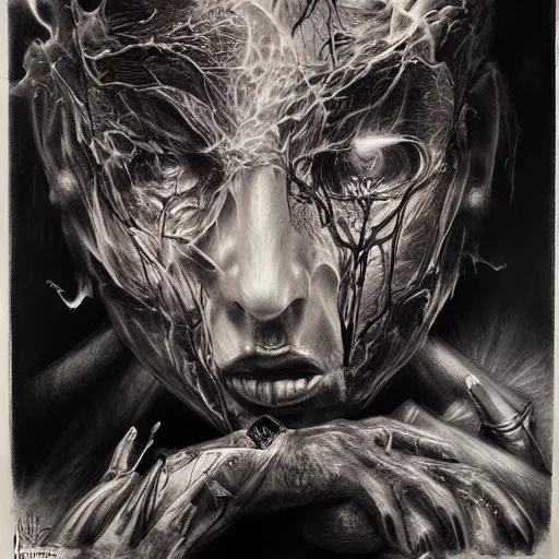 Image similar to break my heart set it all on fire, i cant be saved so i'll die quieter, horrifying artwork by nekro, borja, syd mead, zdislaw cosmic horror charcoal artwork, surreal existentialism