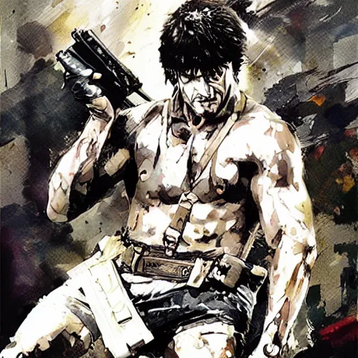 Image similar to an illustration of Stallone as Rambo by Yoji Shinkawa and Ashley Wood