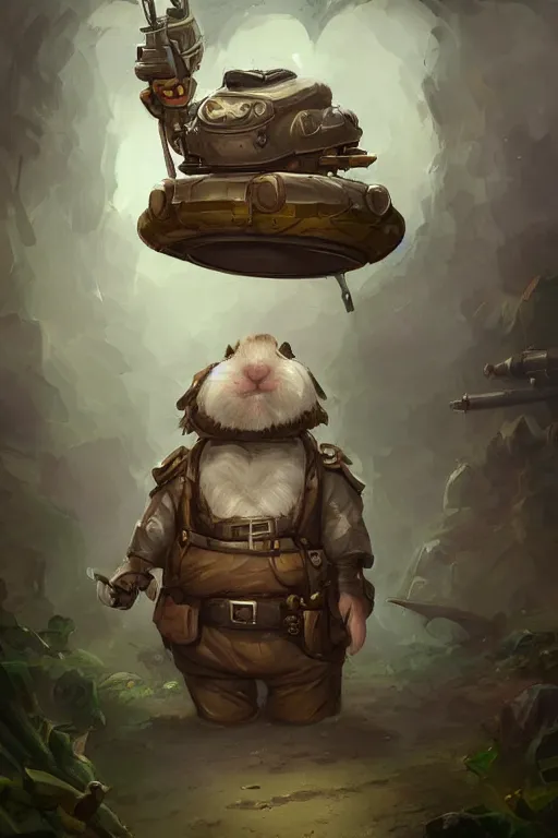 Image similar to cute little anthropomorphic Guinea Pig Tank driver standing next to its tank, tiny, small, short, Tank driver outfit, cute and adorable, pretty, beautiful, DnD character art portrait, matte fantasy painting, DeviantArt Artstation, by Jason Felix by Steve Argyle by Tyler Jacobson by Peter Mohrbacher, cinematic lighting