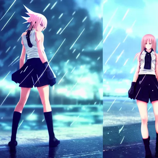 Image similar to beautiful anime girl in the style of final fantasy 7, wearing a skirt and a tanktop, perfect body, standing in the rain, high quality anime art, trending on artstation, 8K octane render, wallpaper