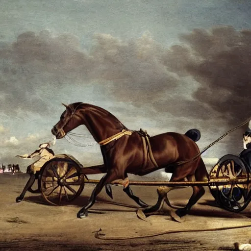 Image similar to a horse pulling a harnessed towed canon