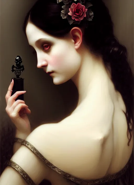 Image similar to character concept portrait of a gothic girl looking in a mirror with a skull reflection, victorian, intricate, elegant, digital painting, concept art, smooth, sharp focus, illustration, by Ruan Jia and Mandy Jurgens and William-Adolphe Bouguereau, Artgerm