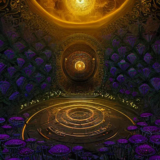 Image similar to a detailed picture of the elevator to hell surrounded by a field of black lotus flowers with petals in a fibonacci sequence, in the style of magic the gathering, highly detailed, digital painting, god rays, volumetric lighting, octane render, 4 k resolution, art by adam paquette and johann bodin and jason rainville