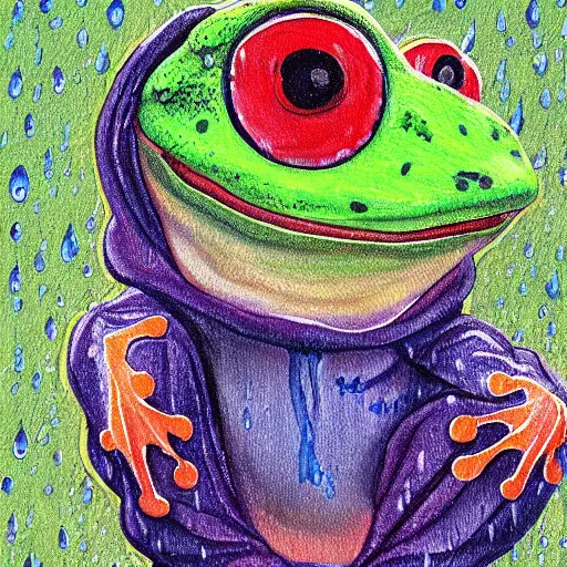 Image similar to a painting of a happy frog under the rain wearing a rainy coat by kazuo oga