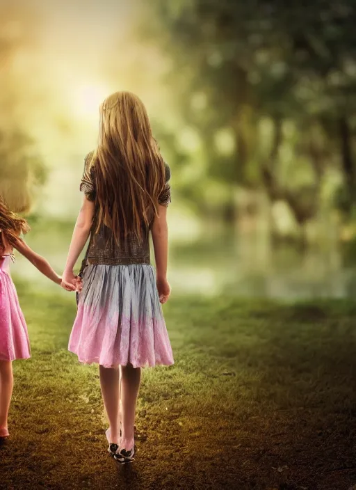 Image similar to a beautiful detailed photo of a young girl and her mother holding hands while the world burns, realistic, f 8, 4 k hd wallpaper