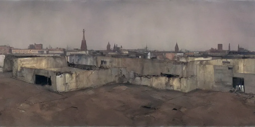 Prompt: a melancholic post-apocalyptic Moscow, ruins, bunkers, Kremlin, destroyed by nuclear bomb, mutants roaming in the evening , atmosphere of silent hill, Todd Hido, painting by Diebenkorn, colors by Mark Rothko