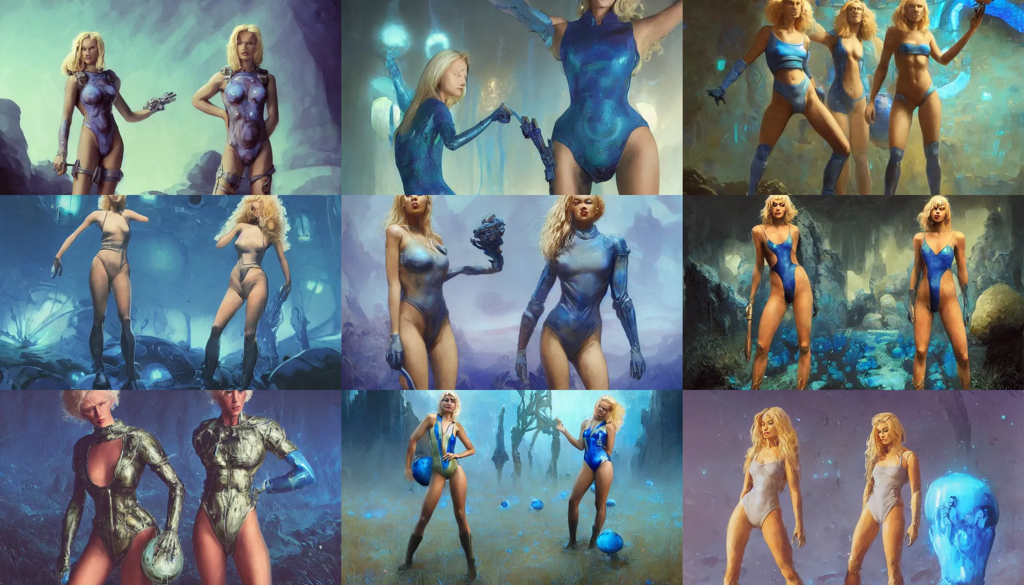Prompt: A mixed media portrait painting of a beautiful blonde woman posing on glowing blue mushrooms in mire, soldier, futuristic sci-fi armored one-piece swimsuit and boots, detailed Aesthetic! face and eyes, slavic, by Beeple, Frank Frazetta, Greg Rutkowski, Christian MacNevin, Boris Vallejo, epic fantasy character art, high fantasy, CGsociety, 60's Sci-fi Pinup, exquisite detail, post-processing, masterpiece, cinematic, crysis