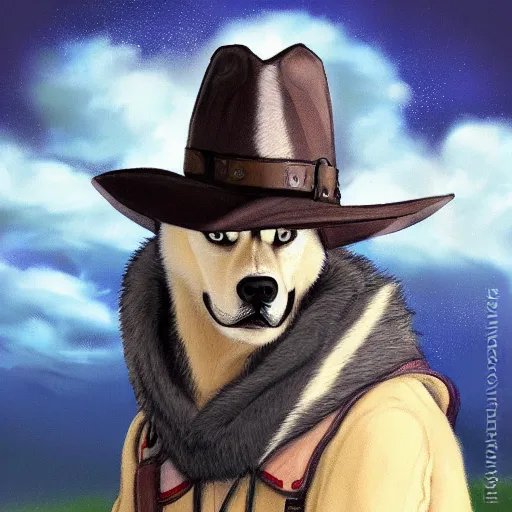 Image similar to a portrait painting of a husky in cowboy costume, wearing a cowboy hat, by studio ghibli, in the style of anime, humanoid, personify, anthropomorphic, trending on artstation