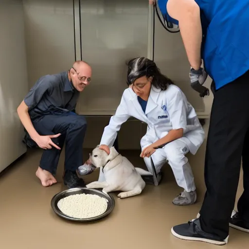 Image similar to human in a dog crate being fed dog food while 3 dog scientists in a white lab coats observe, photorealistic, ultra detailed.