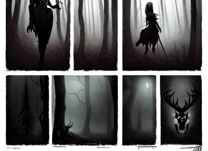 Prompt: style artgerm, joshua middleton, steve niles, diego fazio, marc simonetti : : scary wendigo with antlers and skull face mixed with werewolf : : [ beautiful witch wearing a black dress, symmetrical face, on the right side ] : : in the forest, detailed, dark and foggy, cinematic lighting