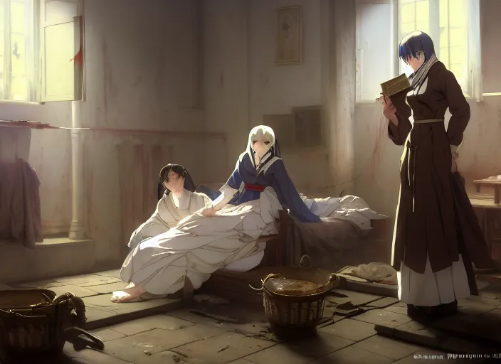 Image similar to 1 8 5 4 crimea, florence nightingale, army hospital in scutari, overcrowded, filthy, blocked drains, broken toilets, rats, wounded soldiers, sleep dirty floor, no blankets, finely detailed perfect art, gapmoe yandere grimdark, trending on pixiv fanbox, painted by greg rutkowski makoto shinkai takashi takeuchi studio ghibli