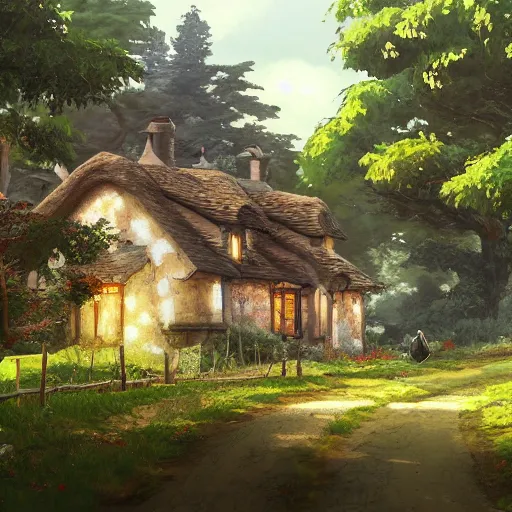 Image similar to concept art painting of an english european cottage with japanese architecture, in the woods, cozy, realistic, detailed, cel shaded, in the style of makoto shinkai and greg rutkowski and james gurney