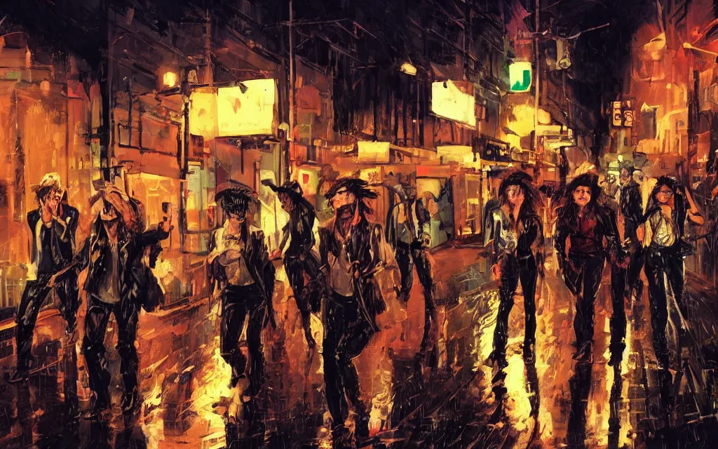 Prompt: concept art, glam rockers dressed as hooligans and whores, walking down a wet helsinki street at night by roger deakins, in the style of syd mead and liam wong