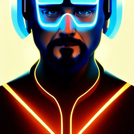 Image similar to portrait of tron legacy jesus, hyper realistic, concept art, intricate, hyper detailed, smooth, illustration. artstation, rutkowski, gurney, alphonse mucha