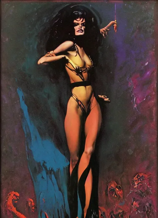 Prompt: seventies horror actress, sequinned dress, dark night, strong line, deep color, beautiful! coherent! by brom, by frank frazetta,