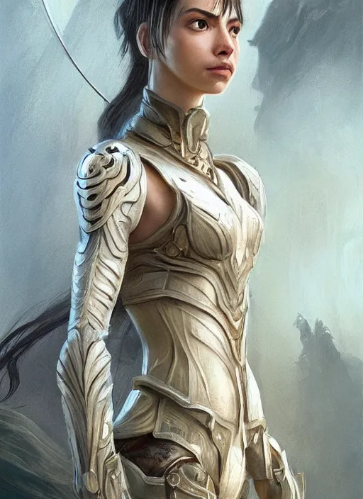 Image similar to a professional portrait of a beautiful young female, clothed in ethereal battle armor, olive skin, long dark hair, beautiful bone structure, symmetrical facial features, intricate, elegant, digital painting, concept art, smooth, sharp focus, finely detailed, illustration, from Valerian and the City of a Thousand Planets, in the style of Ruan Jia and Mandy Jurgens and Artgerm and Greg Rutkowski and William-Adolphe Bouguerea