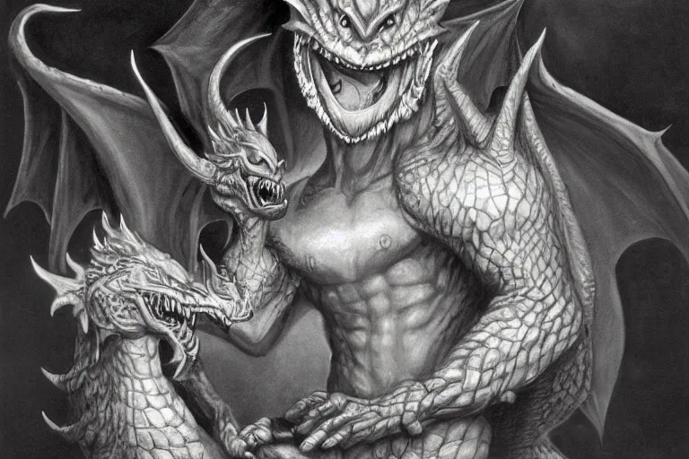 Image similar to 1979 Portrait of a draconic humanoid mage with a smiling handsome dragon head in fantasy style by Chris Rahn.