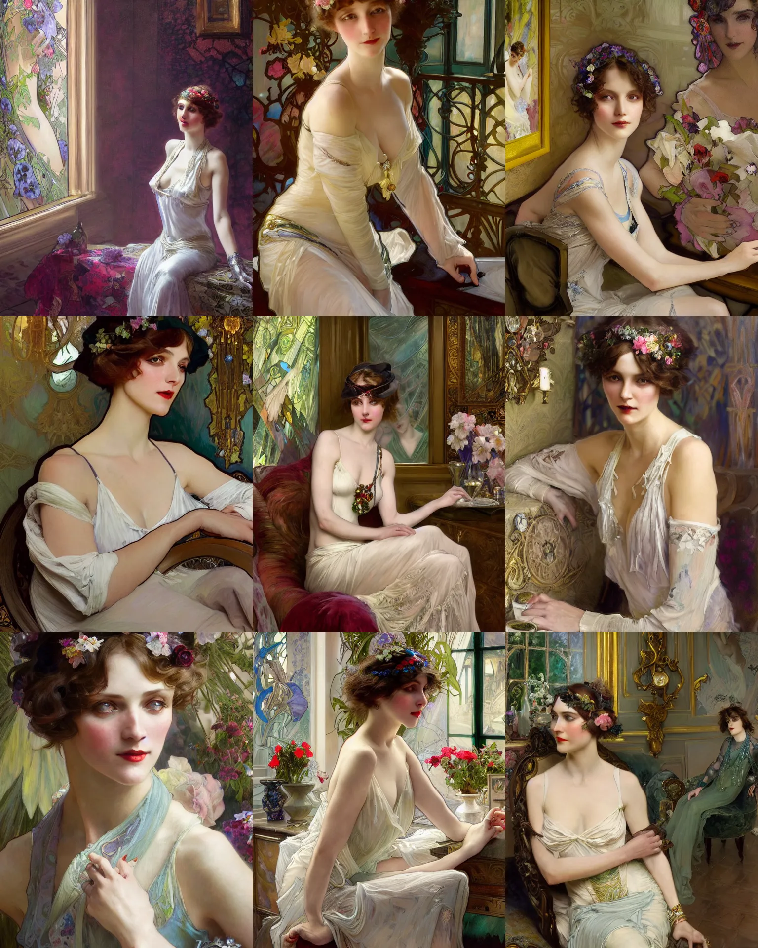 Prompt: daniel gerhartz and wlop and alfons mucha detailed portrait of a 1 9 2 0 s beautiful woman at a party in a mansion, mansion interior in the background, unreal engine, hyper realism, realistic shading, cinematic composition, blender render, octane render, hdr, detailed textures, photorealistic, 3 5 mm film