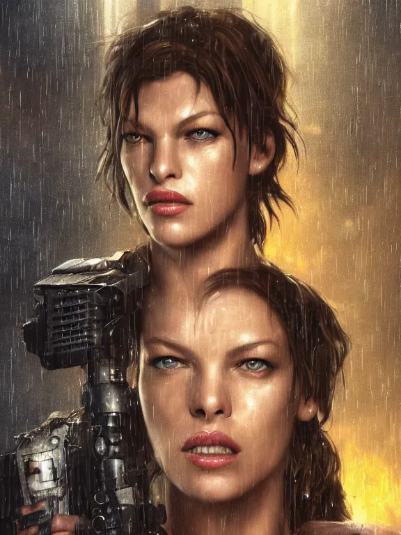 Prompt: portrait of milla jovovich from resident evil fighting in the wreckage city in the rain, by tom bagshaw, cedric peyravernay, james paick, ted nasmith, peter gric, hugh ferriss, trending on artstation, 8 k, blade runner 2 0 4 9, ultra realistic, high detail, golden ratio, cinematic lighting, maximalist