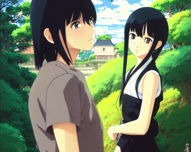 Image similar to beautiful anime girl with long black hair and bangs, beautiful anime guy with short black hair, wearing black clothes, siblings, fine details portrait, japense village in background, bokeh. anime masterpiece by Studio Ghibli. illustration, sharp high-quality anime illustration in style of Ghibli, Ilya Kuvshinov, Artgerm