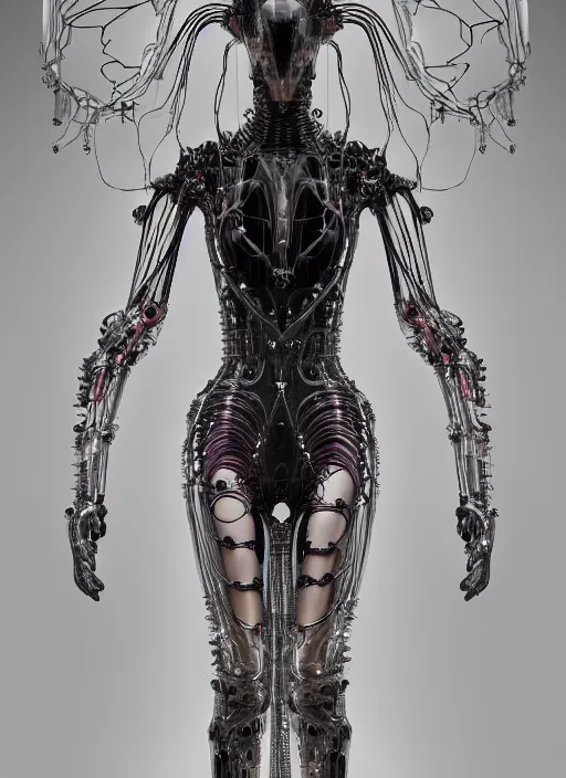 Image similar to iris van herpen gothic inflateble dark dress, perfect symmetrical body, helmet on face, full body shot, inflateble shapes, wires, tubes, veins, jellyfish, white biomechanical details, wearing epic bionic cyborg implants, masterpiece, intricate, biopunk, vogue, highly detailed, artstation, concept art, cyberpunk, octane render