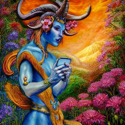 Image similar to painting by senior concept artist josephine wall, horned ram goddess checking her cell phone, erupting volcano in distance, sunset, flowers in foreground, zodiac, fantasy, acrylic on canvas, intricately detailed, highly detailed, high resolution, hdr, 8 k, trending on artstation