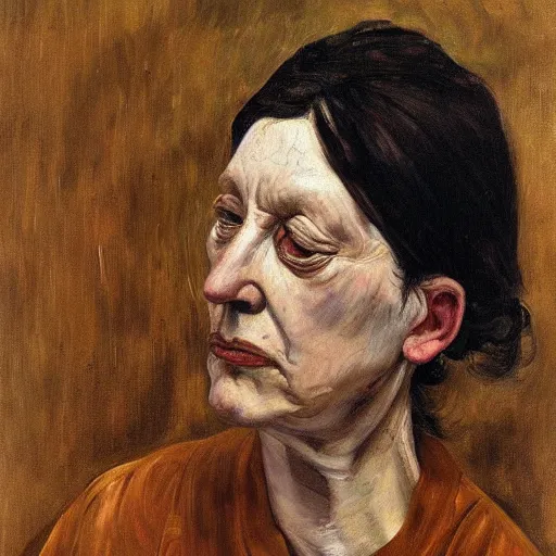 Image similar to Oil painting Portrait of a sad Woman, by Lucian Freud, Abstract brush strokes, Masterpiece