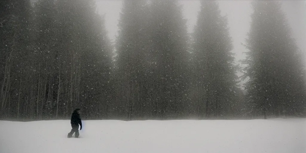 Image similar to photo, bigfoot faintly appears in the distance, barely able to be seen. cold color temperature, snow storm. hazy atmosphere. humidity haze. kodak ektachrome, greenish expired film, award winning, low contrast