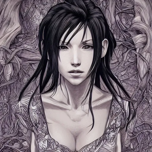 Image similar to the head of tifa lockhart partially made of potatoes roots and violets, an ultrafine detailed illustration by james jean, final fantasy, intricate linework, bright colors, behance contest winner, vanitas, angular, altermodern, unreal engine 5 highly rendered, global illumination, radiant light, detailed and intricate environment