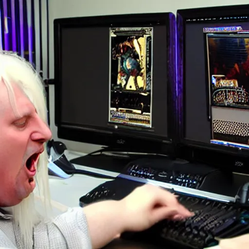 Prompt: obese Edgar Winter wearing a headset yelling at his monitor while playing WoW highly detailed wide angle lens 10:9 aspect ration award winning photography by David Lynch esoteric erasure head