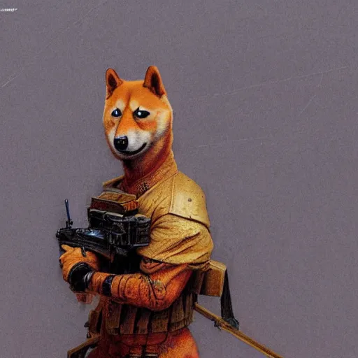 Image similar to anthropomorphic shiba inu, holding sniper riffle skullknight, standing, cementary, scifi, 3 d render, masterpiece, red aura, by donato giancola and greg rutkowski and wayne barlow and zdzisław beksinski, realistic face