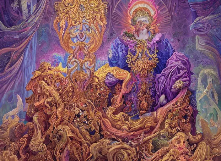 Image similar to beautiful oil painting, full length portrait of dauphinois in baroque coronation robes 1701, Dan Mumford, Dan Mumford, Alex grey, highly detailed , lsd visuals, dmt fractal patterns, hallucinogen, visionary art, psychedelic art, ornate, vaporwave, baroque, Greg rutkowski