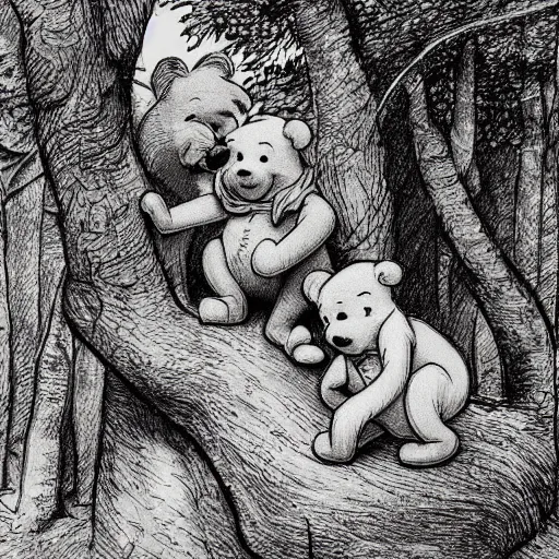 Prompt: draw winnie the pooh and the 1 0 0 acre forest in the style of john milton painting, detailed, sharp focus, high resolution