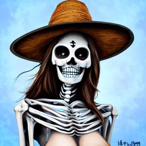 Prompt: cute & beautiful smiling undead skeleton girl wearing a sombrero, digital art, fantasy, painting, highly detailed, art by artgerm