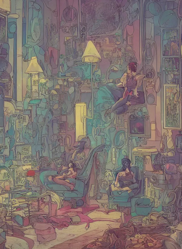 Prompt: telephoto 7 0 mm f / 2. 8 iso 2 0 0 photograph depicting the feeling of chrysalism in a cosy safe cluttered french sci - fi ( ( art nouveau ) ) cyberpunk apartment in a pastel dreamstate art cinema style. ( person relaxing living room ) ( ( fish tank ) ), ambient light.