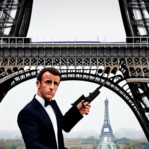 Prompt: Still of a James Bond movie starring Emmanuel Macron as James Bond. Emmanuel Macron holds a Beretta, a baguette and a French flag in front of the Eiffel Tower. Nikon, sigma 1/6, 50 mm