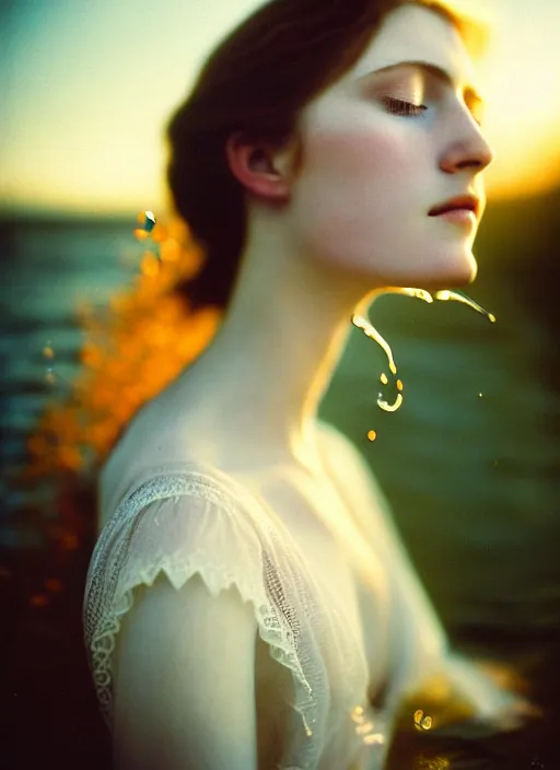 Image similar to Kodak Portra 400, 8K, soft light, volumetric lighting, highly detailed, sharp focus,britt marling style 3/4, Close-up portrait photography of a beautiful woman how pre-Raphaelites a woman with her eyes closed is surrounded by water , with the nape in the water, she has a beautiful lace dress and hair are intricate with highly detailed realistic beautiful flowers , Realistic, Refined, Highly Detailed, natural outdoor soft pastel lighting colors scheme, outdoor fine art photography, Hyper realistic, photo realistic