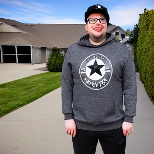 Prompt: Rocco Botte wearing gray sweatshirt and gray sweatpants and black/white Converse Chuck Taylor sneakers, standing in a T-pose on a suburban residential street