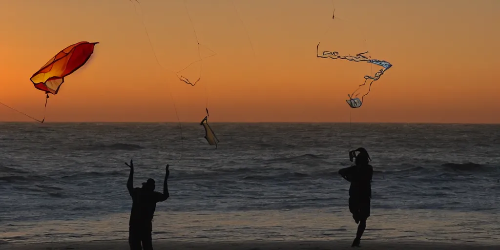 Prompt: Snoop Dogg flying a kite in LBC in the sunset, highly detailed