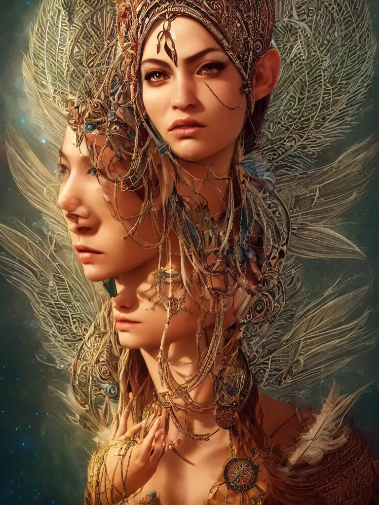 Image similar to a centered photo of a single alluring mystical tribal goddess adorned with feathers and gemstones and cables and synthesizer parts is surrounded by sacred geometry made from elven architecture, full body, gorgeous, perfect face, powerful, cinematic, beautifully lit, by artgerm, by karol bak, 3 d, trending on artstation, octane render, 8 k