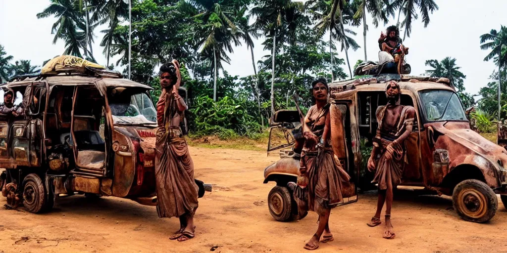 Image similar to sri lankan mad max style, tuk tuk, film still, epic shot cinematography, rule of thirds