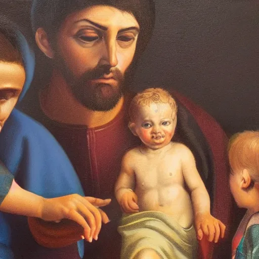 Image similar to a very detailed oil painting of the Holy Family, very detailed faces, by Andrea Vaccaro